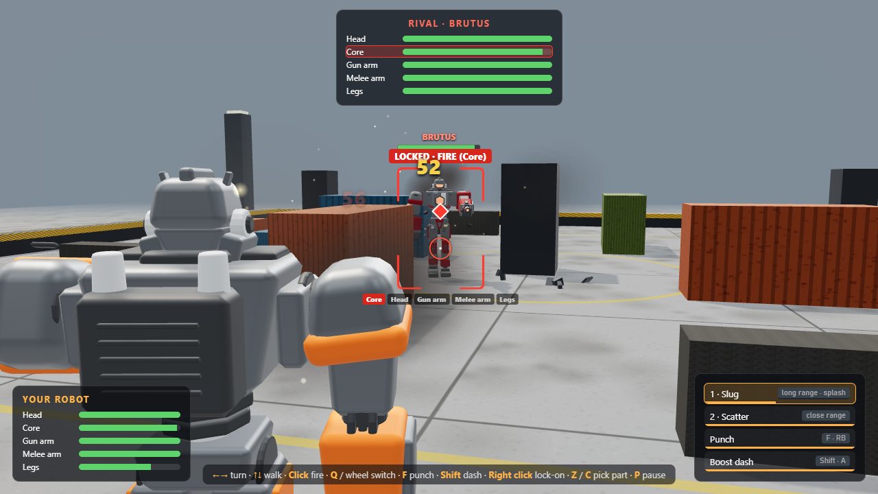 Locked on to Brutus mid-fight, with the part picker under the lock box