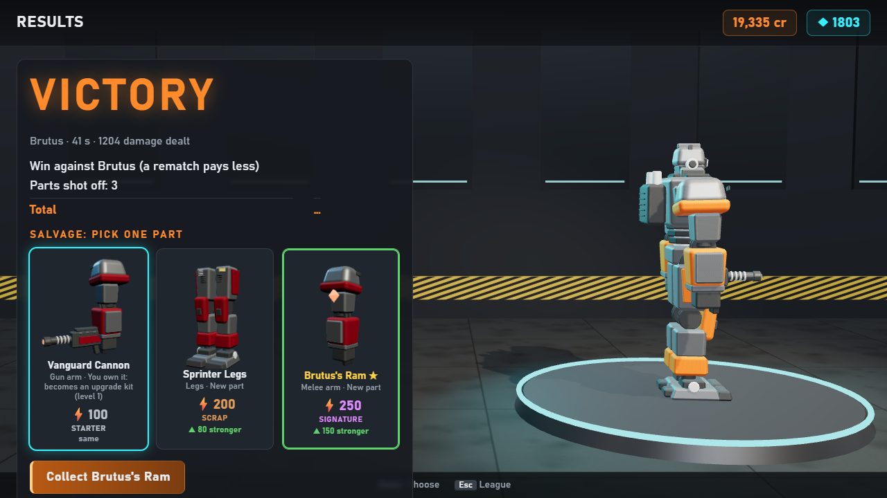 The salvage screen offering three parts shot off Brutus